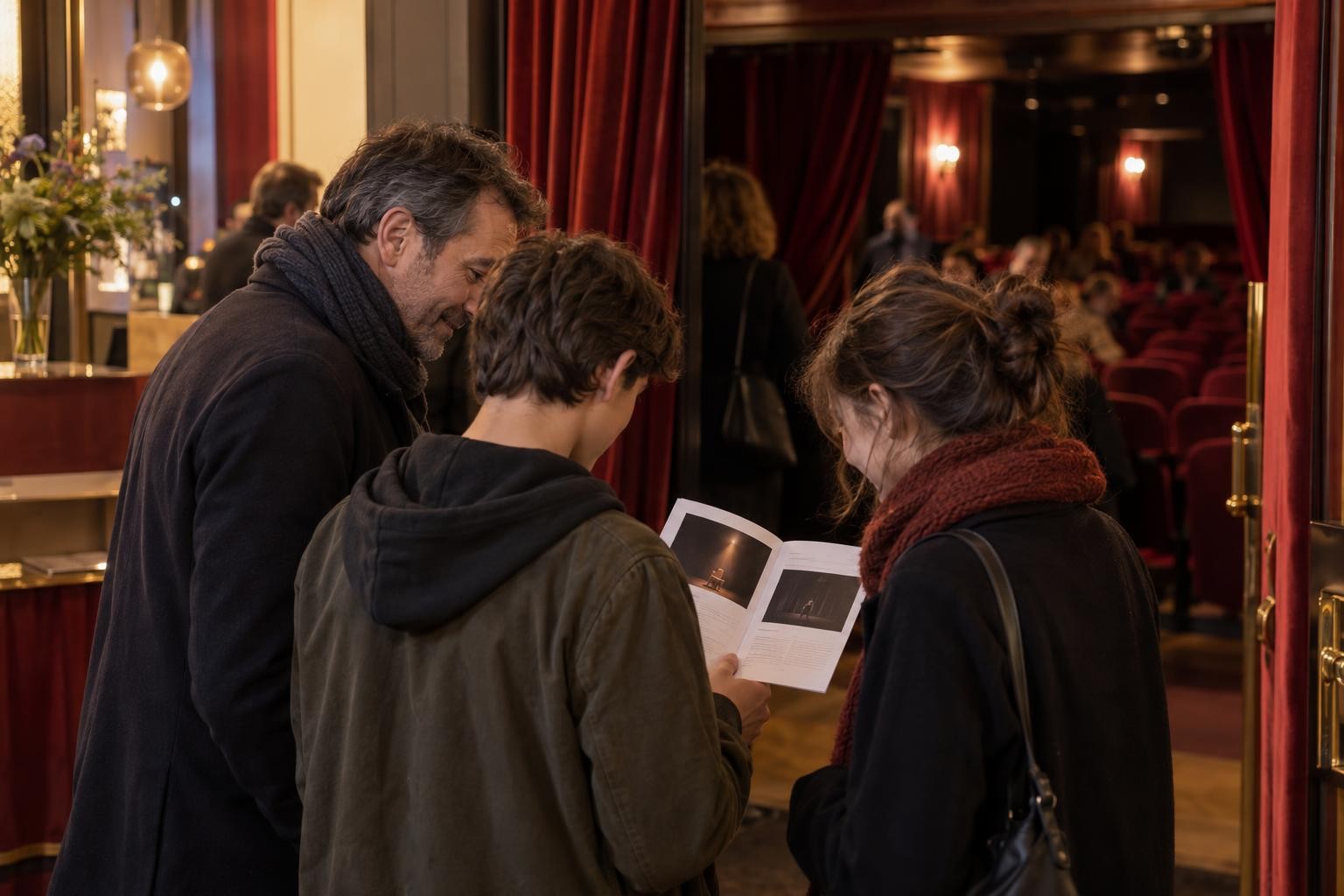 Un parent et deux adolescents consultent le programme dans le foyer d’un théâtre intimiste