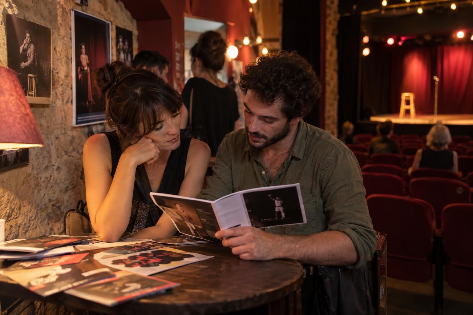 Deux spectateurs parcourent le programme dans le foyer d’un théâtre intimiste à Avignon