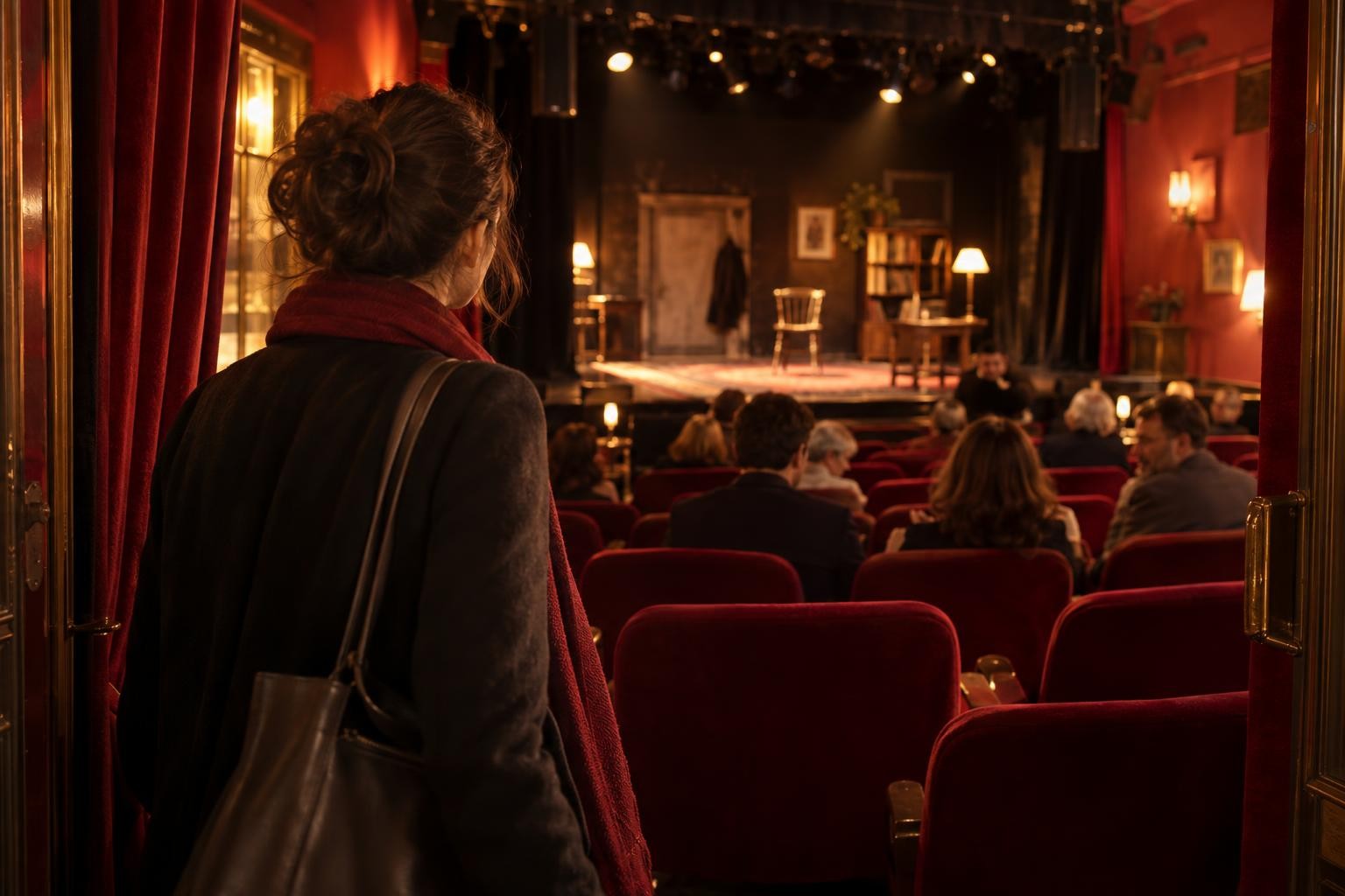 Un spectateur consulte son billet avant d’entrer dans une salle de théâtre intimiste