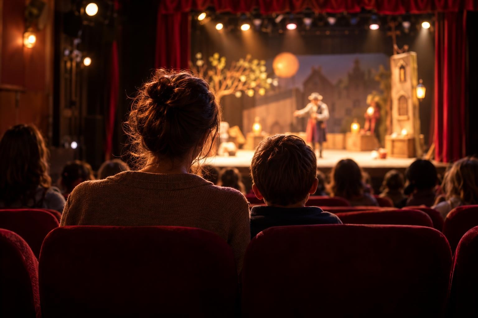 Un parent et un enfant regardent une représentation dans une salle de théâtre intimiste