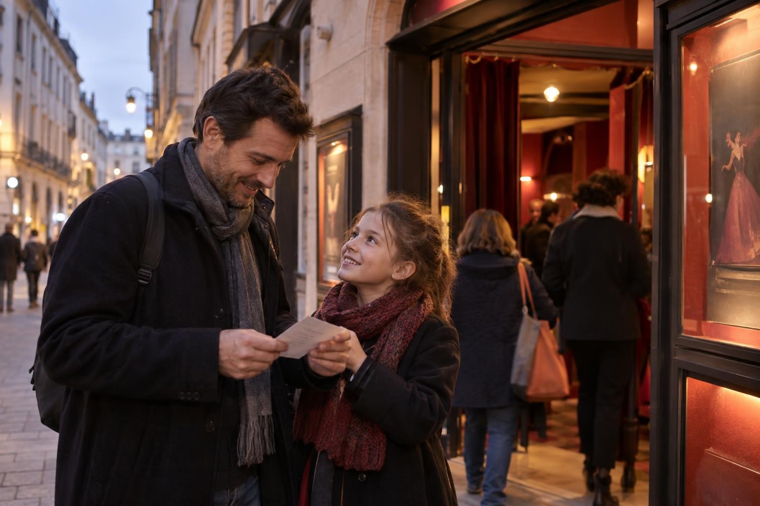 Un parent et une enfant vérifient leur billet devant l’entrée d’un petit théâtre