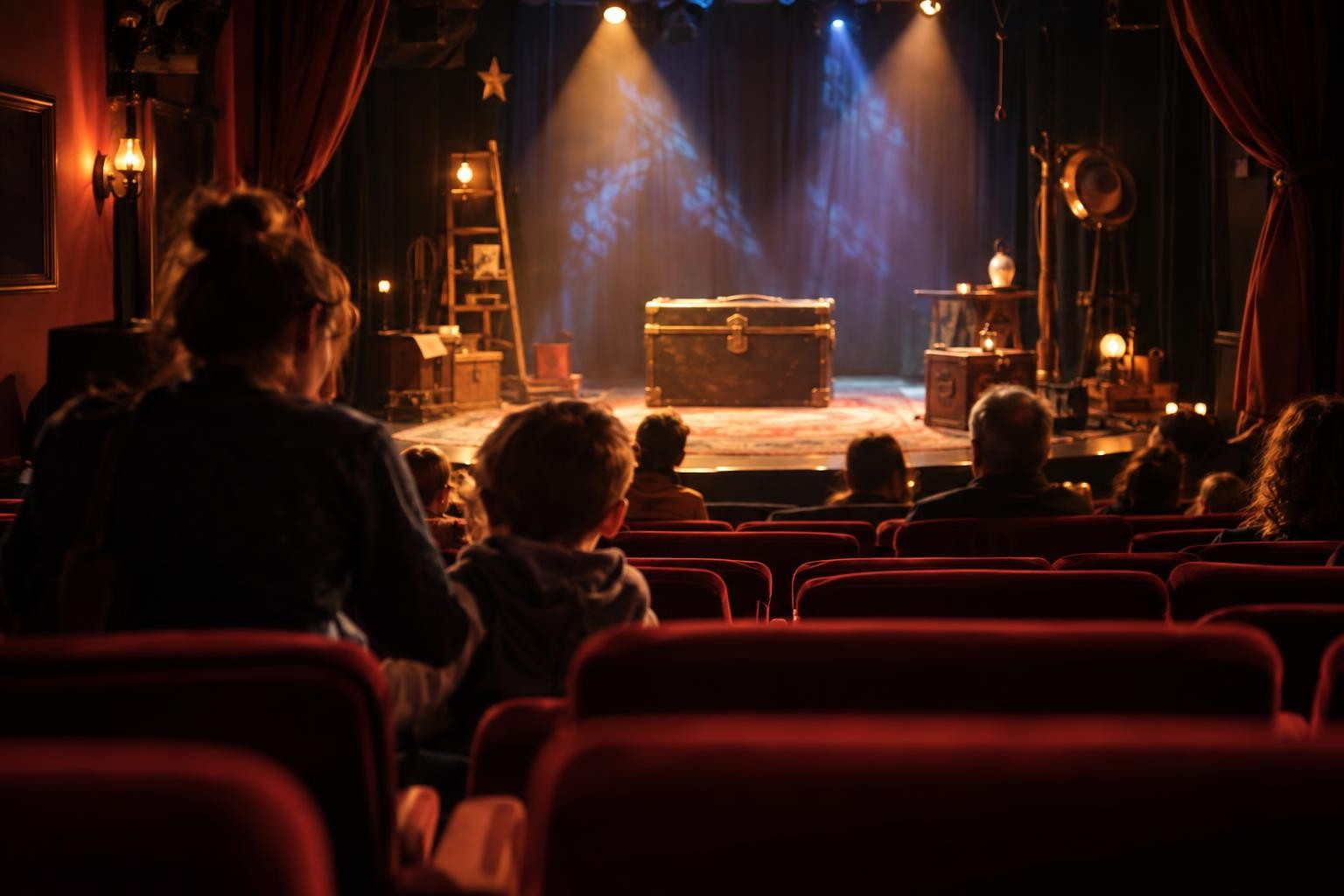 Une famille s’installe dans une salle intimiste avant un spectacle de magie
