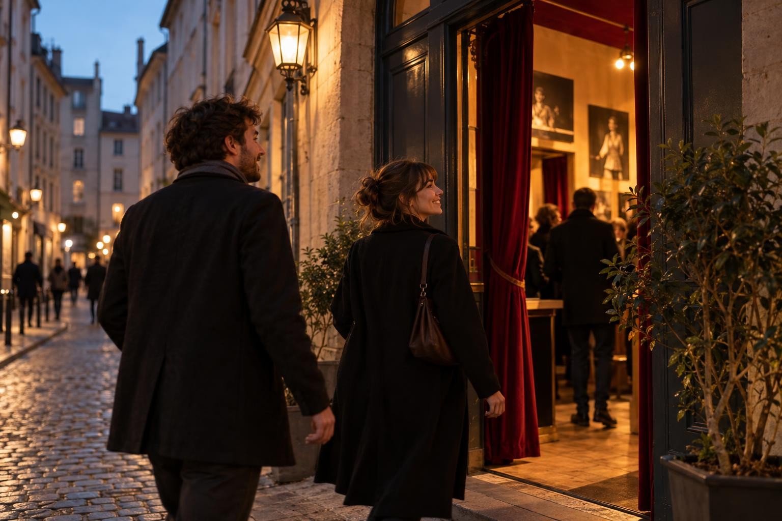 Deux amis arrivent dans une salle de théâtre intimiste à Lyon en début de soirée