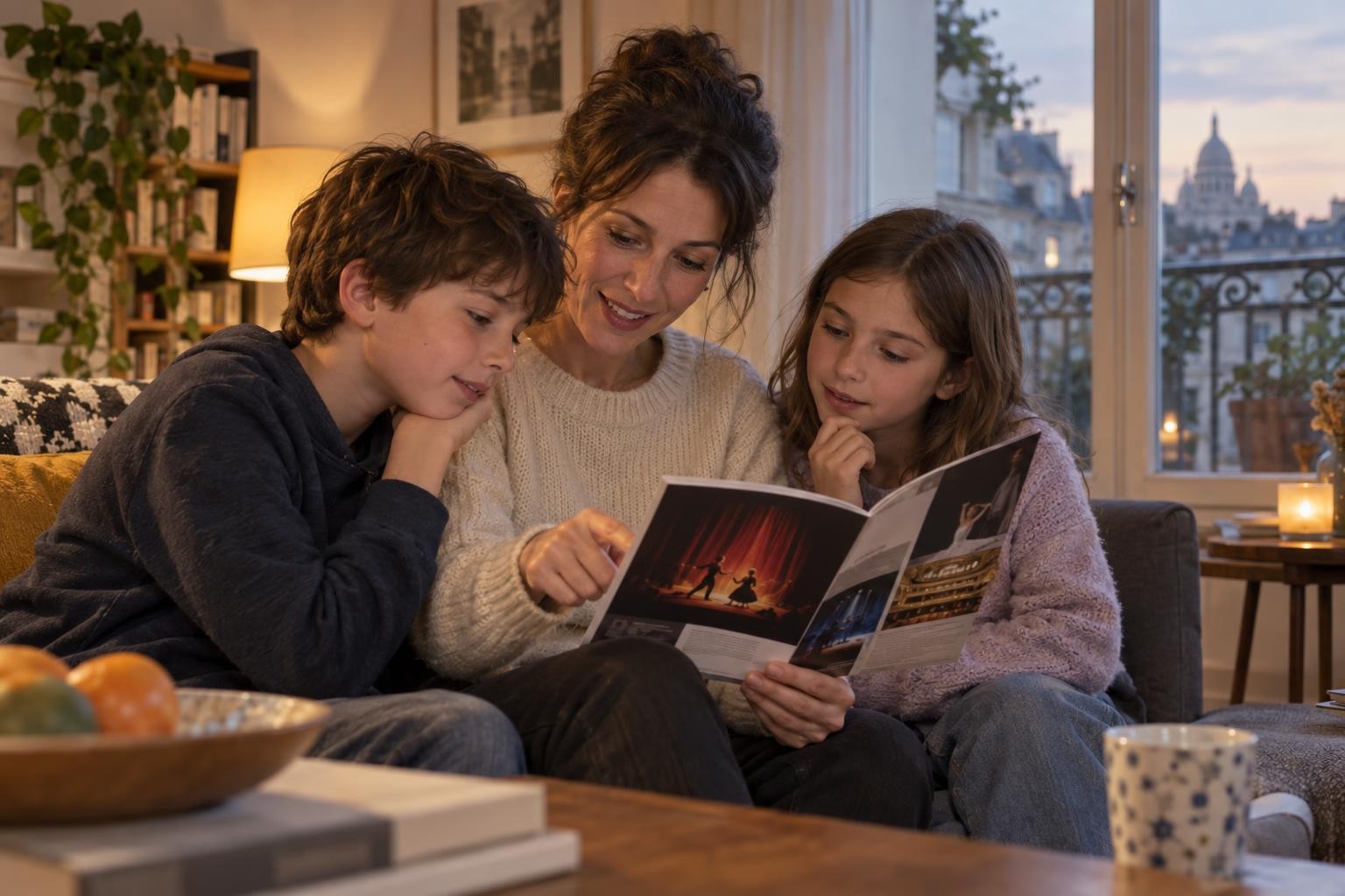 Une mère et ses deux enfants parcourent ensemble un programme de théâtre à Paris
