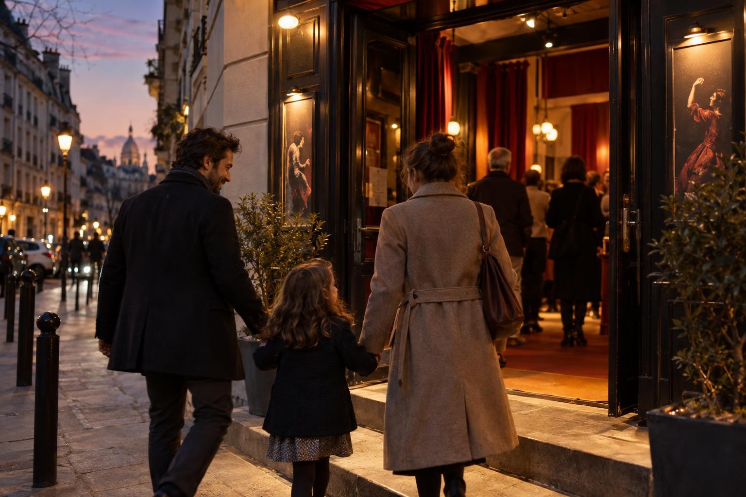 Une famille arrive devant l’entrée éclairée d’un théâtre parisien en début de soirée